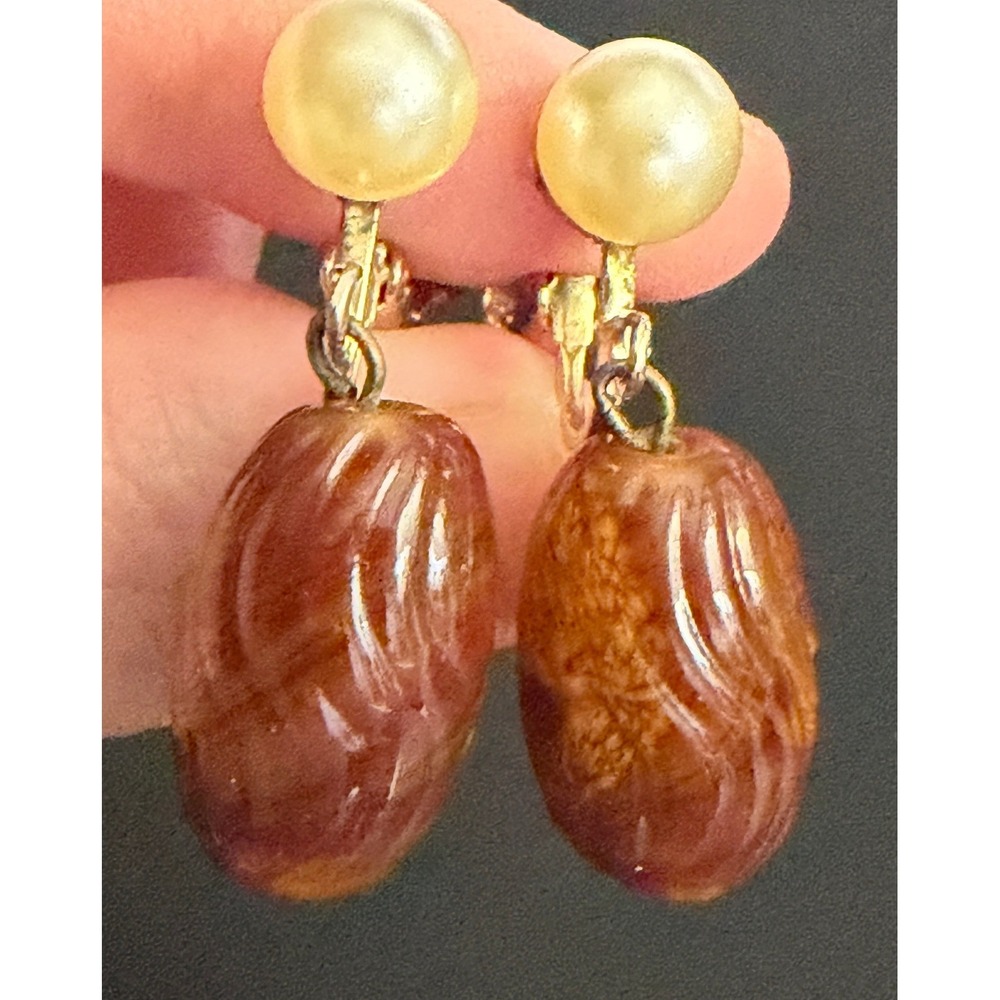 Vintage Dangle Earrings Brown Glass Fall Clip Ons